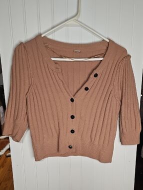 Free People Ribbed Button-Front Cardigan in Taupe